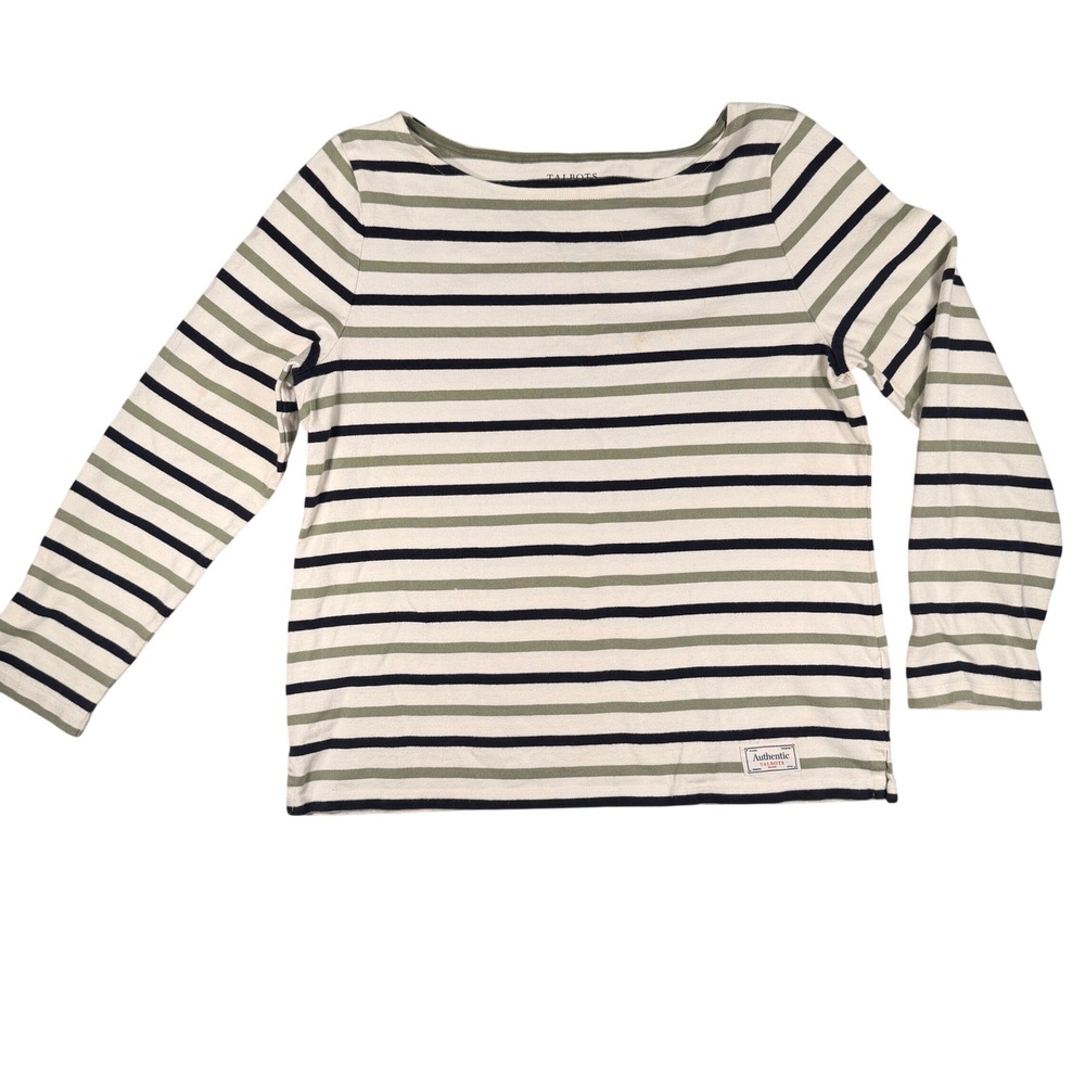 Talbots Vintage Striped Long Sleeve Top Size Medium Womens White Green Cotton